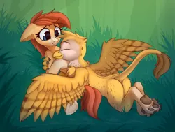 Size: 2538x1923 | Tagged: safe, artist:anti1mozg, derpibooru import, oc, oc:beaky, oc:sivka, unofficial characters only, earth pony, gryphon, pony, fanfic:yellow feathers, beak, butt, cute, derpibooru exclusive, duo, grass, griffon oc, image, paw pads, paws, plot, png, shipping, smiling, snuggling, underhoof, underpaw