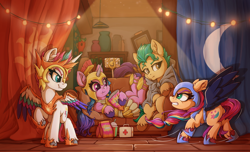 Size: 2383x1450 | Tagged: safe, artist:zeepheru_pone, derpibooru import, daybreaker, hitch trailblazer, izzy moonbow, nightmare moon, pipp, pipp petals, sunny starscout, twilight sparkle, zipp storm, earth pony, pegasus, pony, unicorn, mlp fim's twelfth anniversary, g5, adorazipp, angry, armor, athena sparkle, cheek fluff, chips, cloak, clothes, colored eyebrows, colored wings, cosplay, costume, couch, curtains, cute, cutie mark, ear fluff, eating, fake horn, fake wings, female, first aid kit, food, frown, gem, grinded pony hooves, halloween, helmet, holiday, hoof shoes, image, light, looking at someone, lying down, male, mane five (g5), mare, mobile phone, night, nightmare moon armor, nightmare night, nightmare night costume, nightmare sunny, peytral, phone, pillow, pipp is short, png, raised hoof, sitting, smartphone, smiling, smoothie, spread wings, stallion, standing, sunny's house, sunnybetes, tail, unshorn fetlocks, wing armor, wing brace, wings, wooden floor