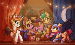 Size: 2383x1450 | Tagged: safe, artist:zeepheru_pone, derpibooru import, daybreaker, hitch trailblazer, izzy moonbow, nightmare moon, pipp, pipp petals, sunny starscout, twilight sparkle, zipp storm, earth pony, pegasus, pony, unicorn, mlp fim's twelfth anniversary, adorazipp, angry, armor, athena sparkle, cheek fluff, chips, cloak, clothes, colored eyebrows, colored wings, cosplay, costume, couch, curtains, cute, cutie mark, ear fluff, eating, fake horn, fake wings, female, first aid kit, food, frown, g5, gem, grinded pony hooves, halloween, helmet, holiday, hoof shoes, image, light, looking at someone, lying down, male, mane five (g5), mare, mobile phone, night, nightmare moon armor, nightmare night, nightmare night costume, nightmare sunny, peytral, phone, pillow, pipp is short, png, raised hoof, sitting, smartphone, smiling, smoothie, spread wings, stallion, standing, sunny's house, sunnybetes, tail, unshorn fetlocks, wing armor, wing brace, wings, wooden floor