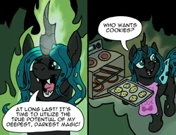 Size: 3492x2676 | Tagged: safe, artist:doodledonutart, derpibooru import, queen chrysalis, changeling, changeling queen, 2 panel comic, apron, bait and switch, baking, baking sheet, clothes, comic, cookie, cute, cutealis, dark magic, dialogue, fangs, female, food, gloating, high res, image, magic, magic aura, open mouth, open smile, oven, png, ponytober, smiling, solo, speech bubble
