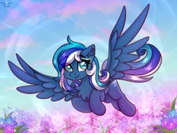 Size: 2500x1875 | Tagged: safe, artist:leah minik, derpibooru import, oc, oc:flaming dune, unofficial characters only, pegasus, pony, beautiful, chest fluff, cloud, commission, curly hair, cute, eye clipping through hair, eyebrows, eyebrows visible through hair, eyeshadow, female, flower, flower field, flowing tail, flying, full body, grass, green eyes, heart, heart eyes, image, looking at you, makeup, mare, multicolored mane, multicolored tail, pegasus oc, png, scenery, sky, sky background, smiling, smiling at you, solo, spread wings, tail, wingding eyes, wings