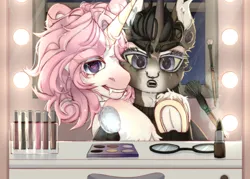 Size: 3500x2500 | Tagged: safe, artist:medkit, derpibooru import, oc, unofficial characters only, pony, unicorn, bench, brush, cosmetics, duo, duo male, ear piercing, eyeshadow, fangs, glasses, heart, heart eyes, high res, image, lipstick, love, makeup, male, mirror, night, night sky, nose piercing, paint tool sai 2, piercing, png, sketch, sky, starry night, window, wingding eyes