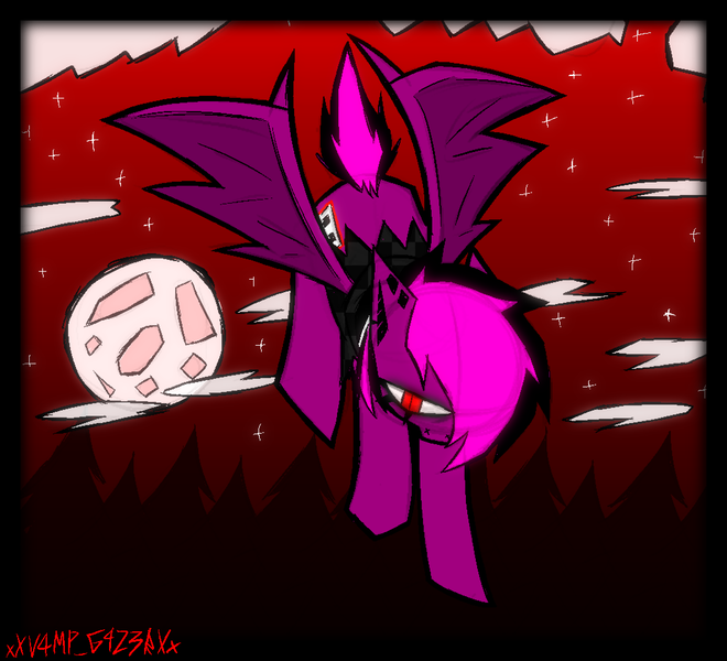 Size: 2066x1878 | Tagged: safe, artist:xxv4mp_g4z3rxx, derpibooru import, oc, oc:violet valium, unofficial characters only, bat pony, pony, bat pony oc, bat wings, cloud, female, image, mare, moon, png, red eyes, signature, spread wings, stars, tree, two toned mane, wings