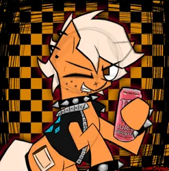 Size: 1916x1936 | Tagged: safe, artist:xxv4mp_g4z3rxx, derpibooru import, oc, unofficial characters only, earth pony, pony, undead, vampire, vampony, bracelet, checkered background, collar, commission, earth pony oc, fangs, image, monster energy, png, signature, solo, spiked collar, spiked wristband, wristband