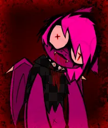 Size: 1290x1524 | Tagged: grimdark, artist:xxv4mp_g4z3rxx, derpibooru import, oc, oc:violet valium, unofficial characters only, bat pony, pony, bat pony oc, bat wings, blood, clothes, collar, fangs, female, folded wings, hoodie, image, looking at you, mare, open mouth, png, red eyes, solo, spiked collar, two toned mane, wings