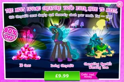 Size: 1961x1295 | Tagged: safe, derpibooru import, idw, official, queen chrysalis, changeling, changeling queen, advertisement, bush, costs real money, crown, english, female, gameloft, glasses, horn, image, insect wings, jewelry, jpeg, mirror universe, numbers, regalia, reversalis, sale, solo, solo focus, text, tree, wings