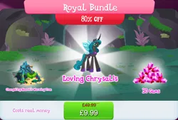 Size: 1265x857 | Tagged: safe, derpibooru import, idw, official, queen chrysalis, changeling, changeling queen, bundle, bush, costs real money, crown, english, female, gameloft, glasses, horn, image, insect wings, jewelry, jpeg, mirror universe, numbers, regalia, reversalis, sale, solo, solo focus, text, tree, wings