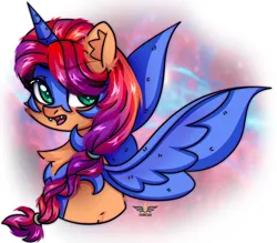 Size: 2500x2191 | Tagged: safe, artist:leah minik, derpibooru import, nightmare moon, sunny starscout, earth pony, pony, g5, braid, bust, chest fluff, clothes, cosplay, costume, cute, eye clipping through hair, eyebrows, eyebrows visible through hair, fake horn, fake wings, fangs, female, green eyes, heart, heart eyes, image, looking at you, mare, multicolored mane, nightmare moon armor, nightmare night costume, nightmare sunny, open mouth, png, solo, space background, spread wings, wingding eyes, wings