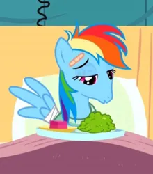 Size: 534x606 | Tagged: safe, derpibooru import, screencap, rainbow dash, pegasus, pony, read it and weep, bandage, bed, faic, female, food, image, indoors, injured, jpeg, looking down, mare, mid-blink screencap, open mouth, plate, sitting, solo