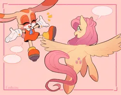 Size: 1400x1100 | Tagged: safe, artist:embrim1, derpibooru import, fluttershy, anthro, pegasus, rabbit, animal, clothes, cravat, cream the rabbit, crossover, cute, dress, flying, g4, gloves, happy, image, jpeg, shoes, shyabetes, sonic the hedgehog (series), speech bubble, talking
