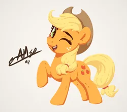 Size: 900x800 | Tagged: safe, artist:assasinmonkey, derpibooru import, applejack, earth pony, pony, mlp fim's twelfth anniversary, cowboy hat, cute, cutie mark, female, freckles, g4, happy, hat, image, jackabetes, lineless, looking at you, mare, one eye closed, open mouth, open smile, png, raised hoof, signature, smiling, stetson, wink, winking at you