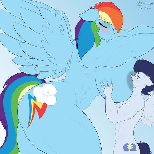 Size: 3000x3000 | Tagged: questionable, artist:astrum, derpibooru import, rainbow dash, soarin', anthro, pegasus, abs, abstract background, amazon, areola, aroused, biceps, big breasts, blushing, breast squeeze, breast squish, breasts, busty rainbow dash, butt, curvy, deltoids, digital art, eyes closed, female, floppy ears, hands on breasts, height difference, huge breasts, image, large butt, leaning, male, muscles, muscular female, muscular male, nudity, open mouth, png, rainbuff dash, rainbutt dash, shipping, side view, size difference, soarindash, spread wings, straight, suckling, thighs, thunder thighs, triceps, voluptudash, wingboner, wings