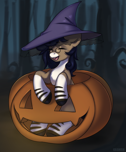 Size: 2062x2500 | Tagged: safe, artist:ggashhhhissh, derpibooru import, oc, unofficial characters only, earth pony, pony, commission, cute, female, halloween, happy, hat, holiday, image, png, pumpkin, smiling, solo, solo female, witch hat, ych result