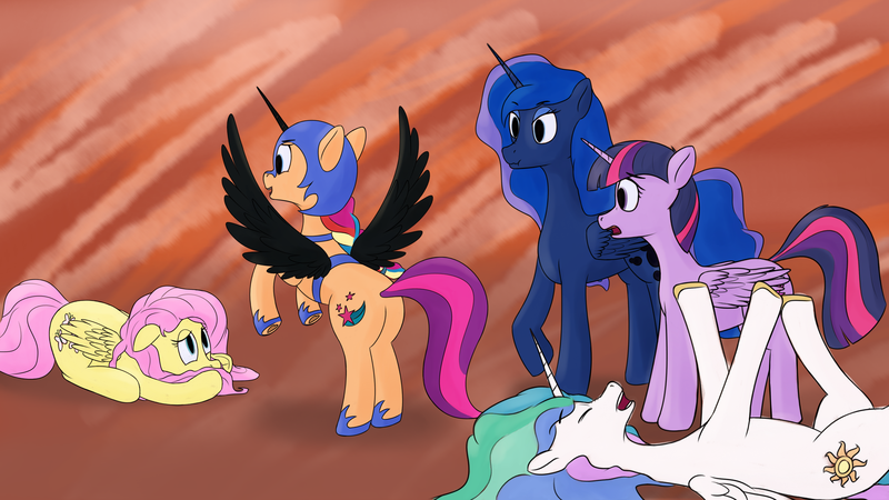 Size: 3840x2160 | Tagged: safe, artist:laykeen, derpibooru import, fluttershy, princess celestia, princess luna, sunny starscout, twilight sparkle, twilight sparkle (alicorn), alicorn, earth pony, pegasus, pony, mlp fim's twelfth anniversary, :t, celestia is amused, eyes closed, g5, image, laughing, luna is not amused, lying down, nightmare night, nightmare sunny, open mouth, png, prone, scared, simple background, unamused