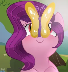 Size: 3904x4096 | Tagged: safe, artist:pegasisterartmlp, derpibooru import, pipp petals, butterfly, insect, pony, blushing, butterfly on nose, cute, female, g5, image, insect on nose, jpeg, red eyes, smiling, solo
