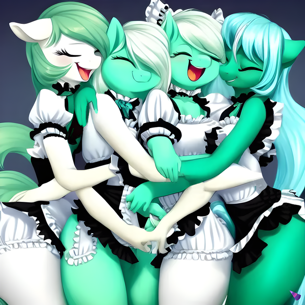 Size: 1536x1536 | Tagged: suggestive, derpibooru import, edit, editor:diego96, machine learning generated, purplesmart.ai, stable diffusion, lyra heartstrings, anthro, unicorn, clothes, cute, eyes closed, female, group hug, happy, hug, image, lyrabetes, machine learning abomination, maid, not lyra, png, siblings, sisters, smiling, tail, thighs, waifu, weapons-grade cute