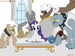 Size: 800x600 | Tagged: safe, artist:mlpfbismagic, derpibooru import, fido, rover, spot, diamond dog, pony, unicorn, fainting couch, grin, image, meme, parody, piper perri surrounded, png, sitting, smiling