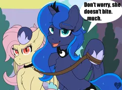 Size: 2153x1584 | Tagged: safe, artist:gnashie, derpibooru import, fluttershy, princess luna, alicorn, bat pony, angry, bat ponified, canterlot, cloud, collar, colored, crown, dialogue, flat colors, flutterbat, glare, horn, image, jewelry, leash, looking at you, open mouth, png, race swap, regalia, smug, speech bubble, tree, wings