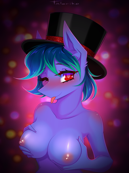 Size: 1600x2141 | Tagged: questionable, artist:taleriko, derpibooru import, oc, oc:beth, unofficial characters only, anthro, earth pony, blurry background, blushing, breast grab, breasts, commission, earth pony oc, grope, hat, image, one eye closed, png, smiling, tongue out, top hat, wink, ych result