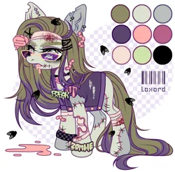 Size: 4655x4589 | Tagged: semi-grimdark, artist:loxord666, derpibooru import, oc, oc:grave raver, unofficial characters only, earth pony, fly, insect, pony, undead, worm, zombie, zombie pony, bandage, bleeding, blood, bone, brain, chains, choker, clothes, ear piercing, earring, female, fleas, image, jacket, jewelry, leather, leather jacket, mare, necklace, open mouth, organs, piercing, png, reference sheet, scar, simple background, stitches, sunglasses, tongue out, torn clothes, white background, worms, wristband