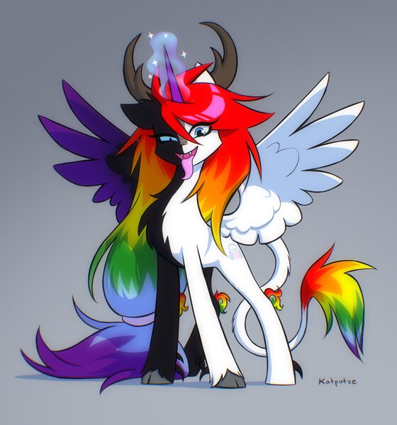 Size: 2480x2656 | Tagged: safe, artist:katputze, derpibooru import, oc, unofficial characters only, alicorn, classical unicorn, pony, unicorn, alicorn oc, antlers, chest fluff, cloven hooves, fangs, gradient background, horn, image, jpeg, leonine tail, long tongue, looking at you, male, signature, slim, solo, spread wings, stallion, tongue out, unshorn fetlocks, wings