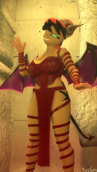 Size: 2160x3840 | Tagged: suggestive, artist:kevhon, derpibooru import, oc, oc:cursed spot shine, anthro, succubus, 3d, breasts, clothes, commission, costume, dress, female, halloween, halloween costume, holiday, horn, image, looking at you, magic, nail polish, png, skirt, solo, solo female, source filmmaker, wings, ych result