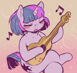 Size: 800x766 | Tagged: safe, artist:cold-blooded-twilight, derpibooru import, edit, sound edit, twilight sparkle, pony, unicorn, cold blooded twilight, animated, applejack's cutie mark, blushing, dexterous hooves, eyes closed, fangs, female, freeverse software, guitar, image, intentionally bad, jared: the butcher of song, luna de xelajú, mare, music, musical instrument, sound, spanish, unicorn twilight, webm