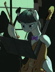 Size: 965x1254 | Tagged: safe, artist:cadillacdynamite, derpibooru import, octavia melody, earth pony, pony, bipedal, bow (instrument), cello, female, hoof hold, image, jpeg, magnetic hooves, mare, mouth hold, musical instrument, pencil, solo