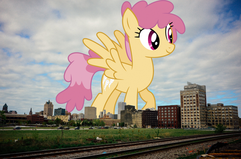 Size: 2047x1356 | Tagged: safe, artist:jaredking779, artist:starryshineviolet, derpibooru import, dizzy twister, orange swirl, pegasus, pony, background pony, female, giant pegasus, giant pony, giantess, highrise ponies, image, irl, jpeg, macro, mare, mega giant, milwaukee, photo, ponies in real life, smiling, solo, wisconsin