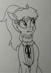 Size: 1427x2048 | Tagged: safe, artist:pony quarantine, derpibooru import, oc, oc:bo, unofficial characters only, earth pony, pony, female, freckles, grayscale, image, jpeg, looking around, mare, monochrome, nervous, solo, traditional art