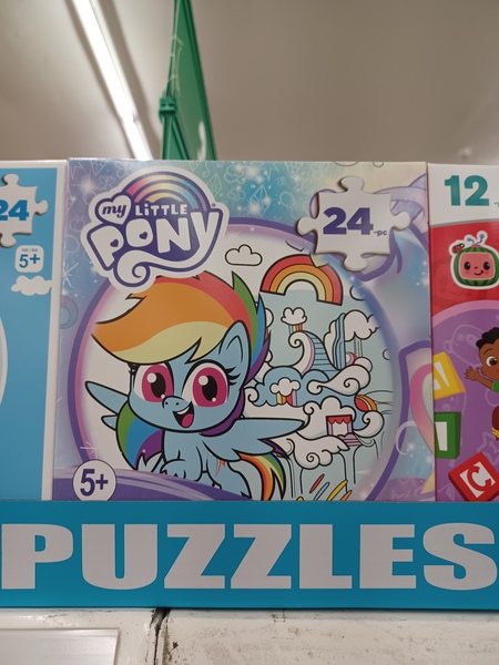 Size: 3000x4000 | Tagged: safe, derpibooru import, rainbow dash, pegasus, pony, my little pony: pony life, cloudsdale, dollar tree, female, image, jpeg, logo, looking at you, merchandise, my little pony logo, photo, puzzle, solo