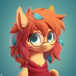 Size: 3000x3000 | Tagged: safe, artist:luminousdazzle, derpibooru import, oc, oc:autumn breeze, fluffy pony, pegasus, pony, bust, chest fluff, clothes, ear fluff, female, glasses, image, leaves, looking at you, mare, pegasus oc, png, portrait, semi-realistic, simple background, smiling, smiling at you, solo, sweater, wings