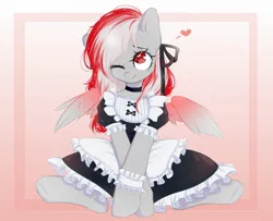 Size: 1280x1040 | Tagged: safe, artist:tоri, derpibooru import, oc, oc:skyshard melody, unofficial characters only, pegasus, pony, clothes, commission, crossed arms, cute, dress, dressup, female, heart, heart eyes, image, jpeg, love, maid, maid headdress, mare, one eye closed, pegasus oc, red eyes, red mane, simple background, sitting, smiling, socks, solo, spread legs, spread wings, spreading, stockings, tail, thigh highs, unamused, white fur, white mane, wingding eyes, wings, wink, ych result