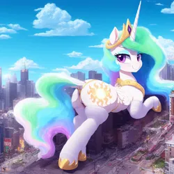 Size: 1024x1024 | Tagged: suggestive, derpibooru import, machine learning assisted, machine learning generated, princess celestia, alicorn, pony, ass, butt, city, clothes, cloud, cutie mark, derpibooru exclusive, eyeliner, half-lidded eyes, image, jewelry, macro, makeup, panties, png, rear view, regalia, socks, solo, underwear