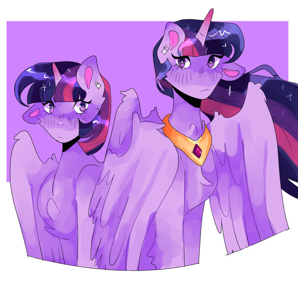 Size: 1280x1280 | Tagged: safe, artist:jupiterscent, derpibooru import, princess twilight 2.0, twilight sparkle, twilight sparkle (alicorn), alicorn, pony, the last problem, duality, duo, image, jpeg, older, older twilight, one ear down, peytral, self paradox, self ponidox, time paradox