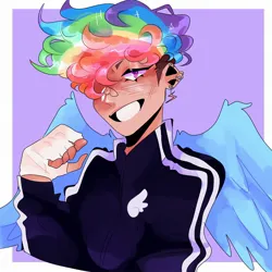 Size: 2048x2048 | Tagged: safe, artist:jupiterscent, derpibooru import, rainbow dash, human, alternate hairstyle, bandaid, bandaid on nose, clothes, ear piercing, fingerless gloves, gloves, hair over one eye, humanized, image, jpeg, nose piercing, nose ring, passepartout, piercing, short hair, solo, tracksuit, winged humanization, wings