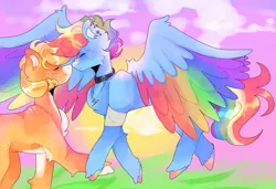 Size: 2048x1400 | Tagged: safe, artist:jupiterscent, derpibooru import, applejack, rainbow dash, earth pony, pegasus, pony, abstract background, appledash, bandage, bandaid, bandaid on nose, boop, choker, colored wings, duo, ear piercing, eyes closed, female, freckles, image, jewelry, jpeg, lesbian, multicolored wings, necklace, noseboop, pale belly, piercing, rainbow hooves, rainbow wings, shipping, short hair, spread wings, wings