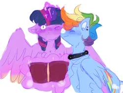 Size: 2048x1547 | Tagged: safe, artist:jupiterscent, derpibooru import, rainbow dash, twilight sparkle, twilight sparkle (alicorn), alicorn, pegasus, pony, blushing, book, choker, colored sketch, duo, ear piercing, female, floppy ears, glow, glowing horn, horn, image, jpeg, kiss on the cheek, kissing, lesbian, one eye closed, piercing, shipping, simple background, sketch, twidash, white background