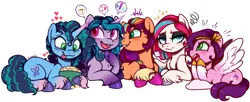 Size: 2028x827 | Tagged: safe, artist:esmeia, derpibooru import, izzy moonbow, pipp petals, sunny starscout, zipp storm, earth pony, pegasus, pony, unicorn, g5, alternate hairstyle, female, food, image, mare, misty brightdawn, open mouth, open smile, png, popcorn, royal sisters (g5), siblings, simple background, sisters, smiling, that pony sure does love popcorn, tongue out, unamused, white background, zipp storm is not amused