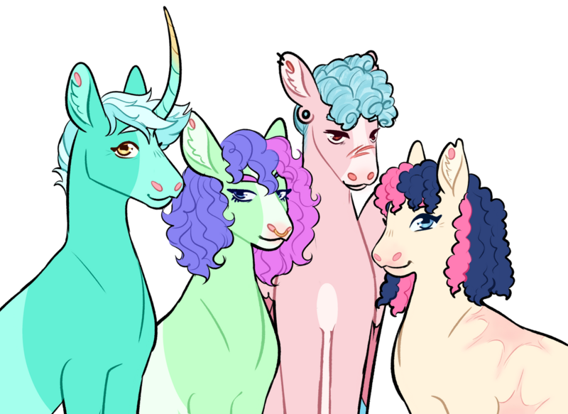 Size: 1280x933 | Tagged: safe, artist:s0ftserve, derpibooru import, bon bon, cozy glow, lyra heartstrings, sweetie drops, oc, oc:melody heartstrings, pony, adopted offspring, family photo, female, image, lesbian, magical lesbian spawn, next generation, nose piercing, nose ring, offspring, parent:bon bon, parent:lyra heartstrings, parents:lyrabon, piercing, png, scar, shipping, short hair, simple background, transparent background