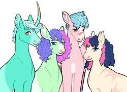 Size: 1280x933 | Tagged: safe, artist:s0ftserve, derpibooru import, bon bon, cozy glow, lyra heartstrings, sweetie drops, oc, oc:melody heartstrings, pony, adopted offspring, family photo, female, image, lesbian, magical lesbian spawn, next generation, nose piercing, nose ring, offspring, parent:bon bon, parent:lyra heartstrings, parents:lyrabon, piercing, png, scar, shipping, short hair, simple background, transparent background