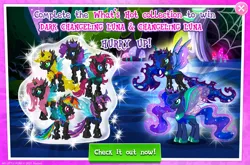 Size: 1957x1293 | Tagged: safe, derpibooru import, official, applejack, fluttershy, pinkie pie, princess luna, rainbow dash, rarity, twilight sparkle, changedling, changeling, appleling, changedlingified, changelingified, collection, costs real money, dashling, duality, english, flutterling, gameloft, group, horn, image, insect wings, jpeg, numbers, pinkling, rariling, species swap, text, twiling, wings