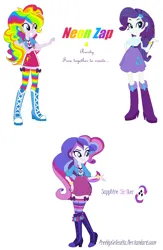 Size: 782x1200 | Tagged: safe, artist:prettycelestia, derpibooru import, pinkie pie, rainbow dash, rarity, oc, oc:neon zap, belt buckle, boots, bow, bracelet, clothes, eyeshadow, fusion, high heel boots, image, jacket, jewelry, makeup, png, shoes, socks, stockings, thigh highs