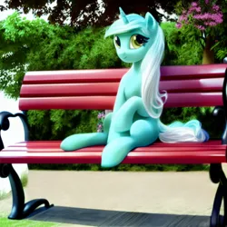 Size: 1024x1024 | Tagged: safe, derpibooru import, editor:siber, machine learning generated, stable diffusion, lyra heartstrings, pony, unicorn, bench, female, image, looking at you, mare, meme, png, sitting, sitting lyra, solo