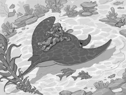 Size: 1200x900 | Tagged: safe, artist:gor1ck, derpibooru import, oc, unofficial characters only, crab, fish, pony, advertisement, black and white, commission, diving, flippers (gear), grayscale, image, jpeg, manta ray, monochrome, scuba gear, seaweed, solo, swimming, underwater, water, your character here