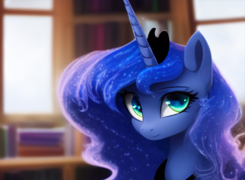 Size: 907x667 | Tagged: safe, derpibooru import, machine learning assisted, machine learning generated, stable diffusion, princess luna, alicorn, blurry background, bookshelf, image, library, png