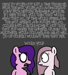 Size: 1275x1414 | Tagged: safe, artist:professorventurer, derpibooru import, pinkie pie, pipp petals, series:ask pippamena, duo, duo female, explanation, female, g5, gray background, image, lesson, pinkamena diane pie, pippamena, png, quantum theory, simple background