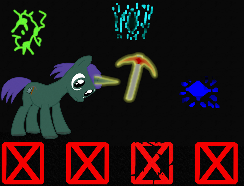 Size: 2100x1600 | Tagged: safe, artist:xada, derpibooru import, oc, oc:harmonious percussion, unicorn, black background, dark background, dirty hooves, green coat, green eyes, image, magic, pickaxe, png, purple mane, simple background, solo, telekinesis