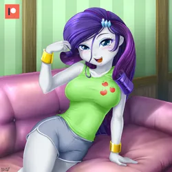 Size: 1000x1000 | Tagged: safe, artist:uotapo, derpibooru import, rarity, equestria girls, blushing, breasts, busty rarity, clothes, couch, female, image, implied applejack, inside, jpeg, open mouth, patreon, patreon logo, shorts, sleepover, solo, tanktop
