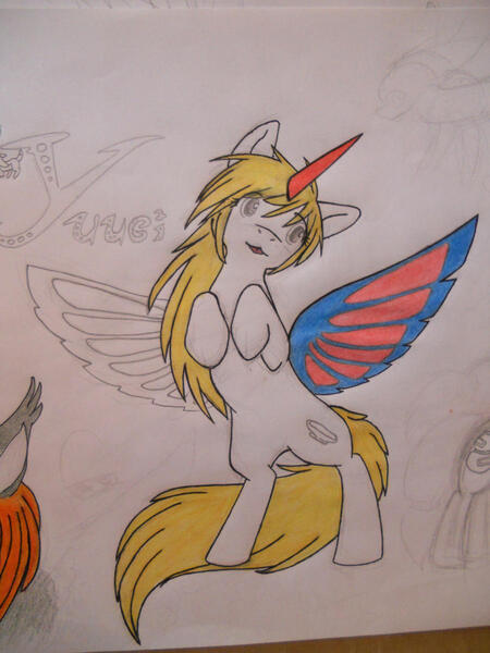 Size: 900x1200 | Tagged: safe, artist:myusuran-blackwolf, derpibooru import, ponified, pony, unicorn, butterfly wings, crossover, female, hoshiguma yuugi, image, jpeg, mare, touhou, traditional art, wings